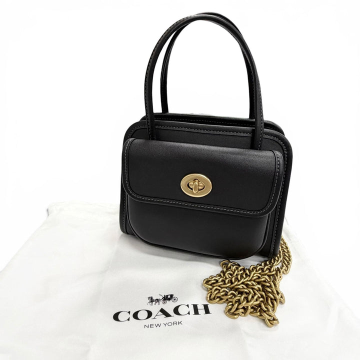 極美品△COACH コーチ CW643 サファリ トートバッグ グラブタンレザー ターンロック チェーン ショルダーバッグ ブラック 保存袋付き