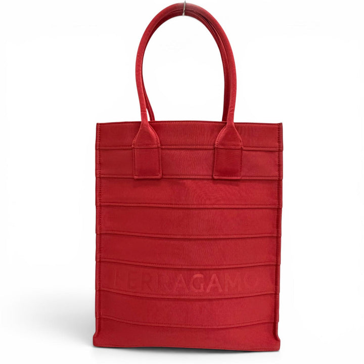 極美品△FERRAGAMO フェラガモ 213986 フロントロゴ レザー使い グログラン スクエア トートバッグ レッド 伊製 レディース 保存袋付き