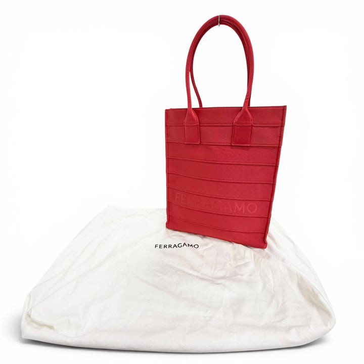 極美品△FERRAGAMO フェラガモ 213986 フロントロゴ レザー使い グログラン スクエア トートバッグ レッド 伊製 レディース 保存袋付き