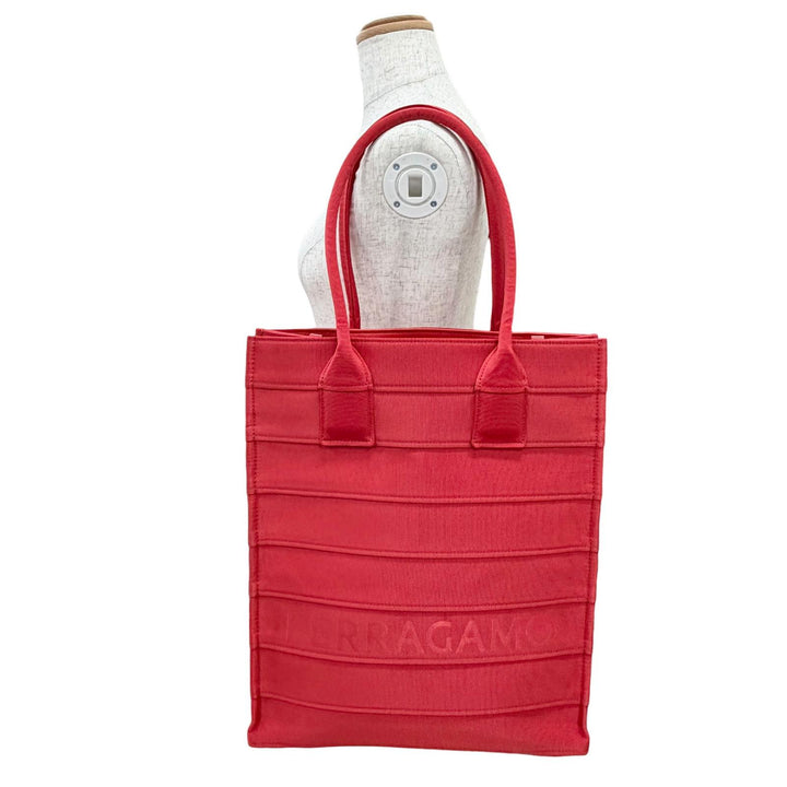 極美品△FERRAGAMO フェラガモ 213986 フロントロゴ レザー使い グログラン スクエア トートバッグ レッド 伊製 レディース 保存袋付き
