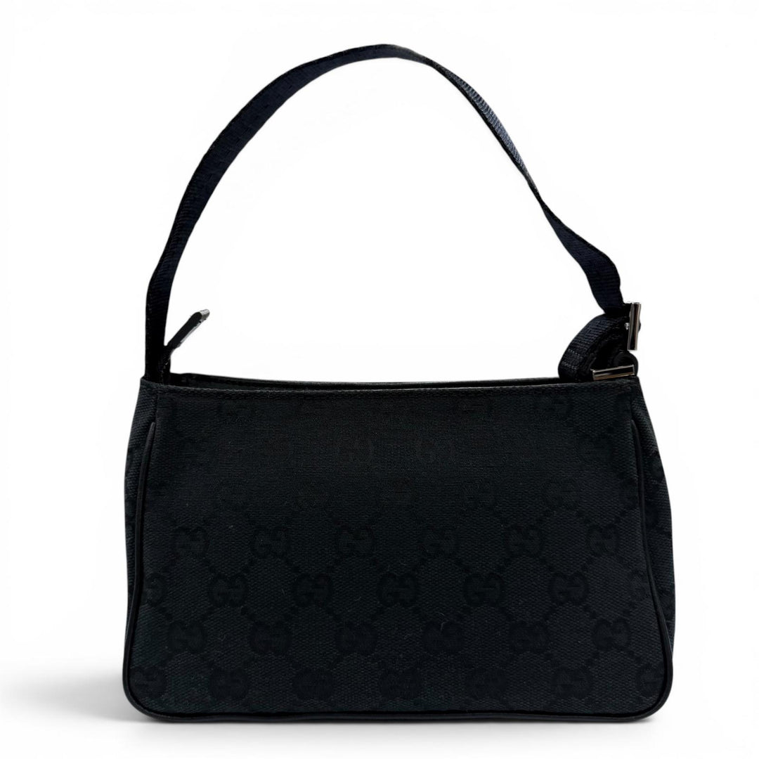 美品☆GUCCI グッチ ヴィンテージ 106644 GGキャンバス レザーロゴパッチ ZIP ポーチ ハンドバッグ ブラック イタリア製 レディース