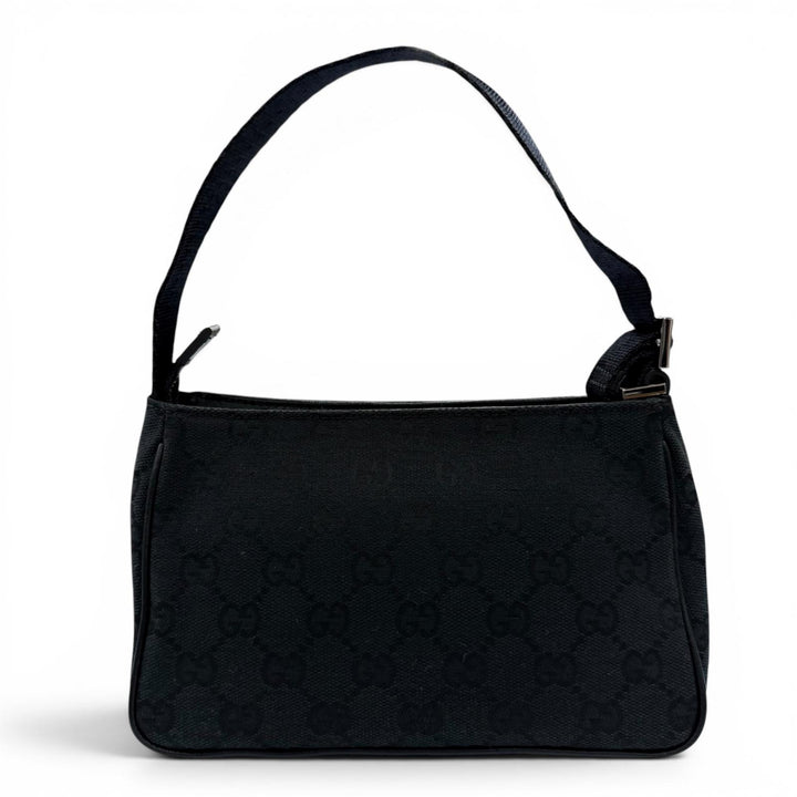 美品☆GUCCI グッチ ヴィンテージ 106644 GGキャンバス レザーロゴパッチ ZIP ポーチ ハンドバッグ ブラック イタリア製 レディース
