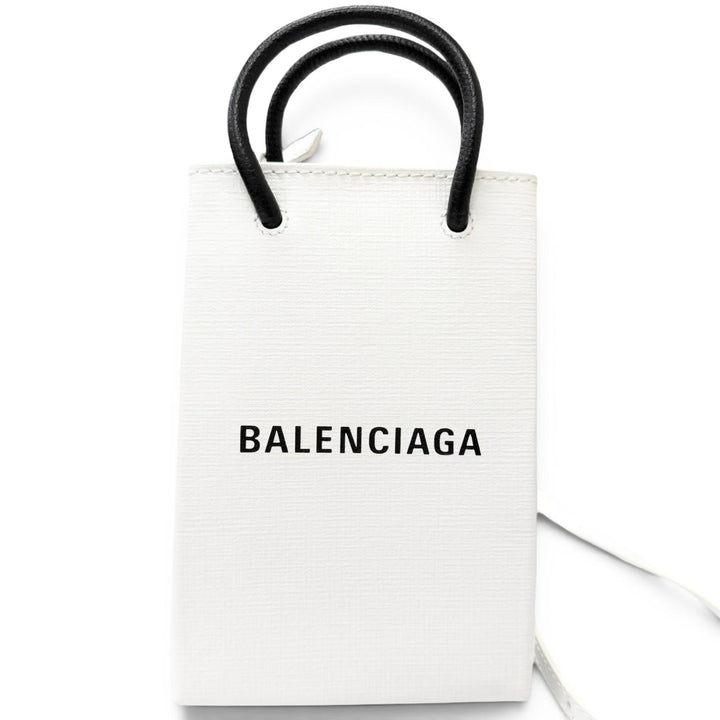 極美品□BALENCIAGA バレンシアガ 593826 ロゴ入り レザー ショッピング フォンホルダー ショルダーバッグ ホワイト メンズ 保存袋付き