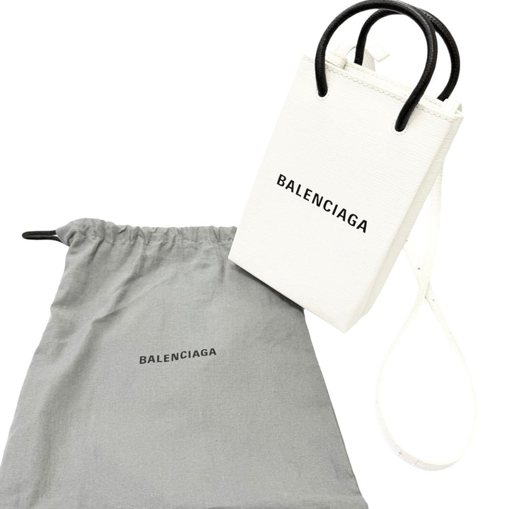 極美品□BALENCIAGA バレンシアガ 593826 ロゴ入り レザー ショッピング フォンホルダー ショルダーバッグ ホワイト メンズ 保存袋付き