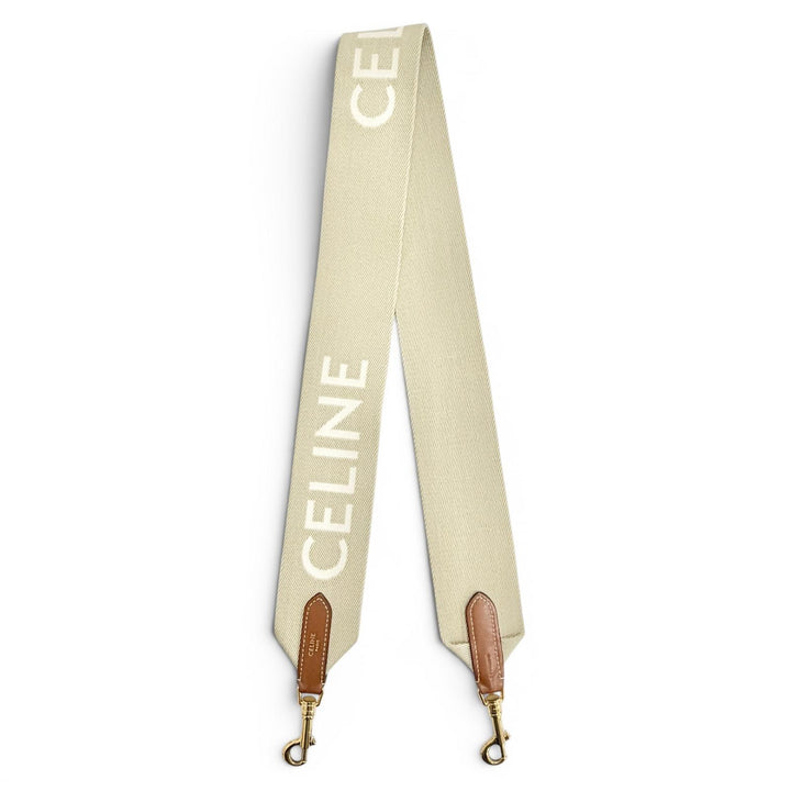 極美品△CELINE セリーヌ ロゴ ジャガード キャンバス レザー ショルダーストラップ ベージュ ブラウン ゴールド金具 レディース 袋付き