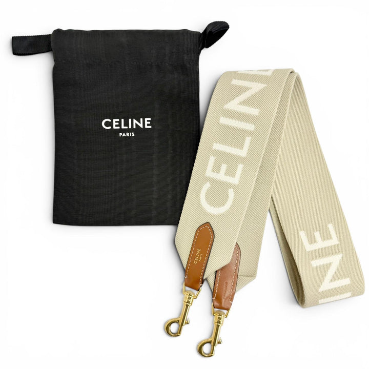極美品△CELINE セリーヌ ロゴ ジャガード キャンバス レザー ショルダーストラップ ベージュ ブラウン ゴールド金具 レディース 袋付き
