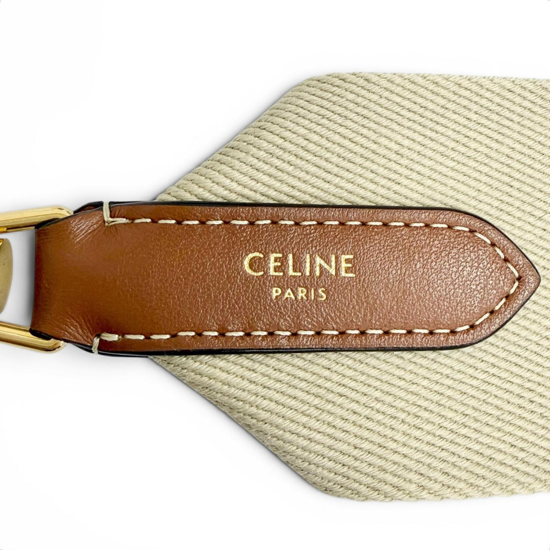 極美品△CELINE セリーヌ ロゴ ジャガード キャンバス レザー ショルダーストラップ ベージュ ブラウン ゴールド金具 レディース 袋付き