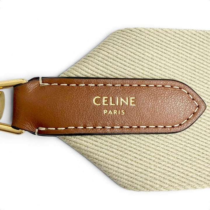 極美品△CELINE セリーヌ ロゴ ジャガード キャンバス レザー ショルダーストラップ ベージュ ブラウン ゴールド金具 レディース 袋付き