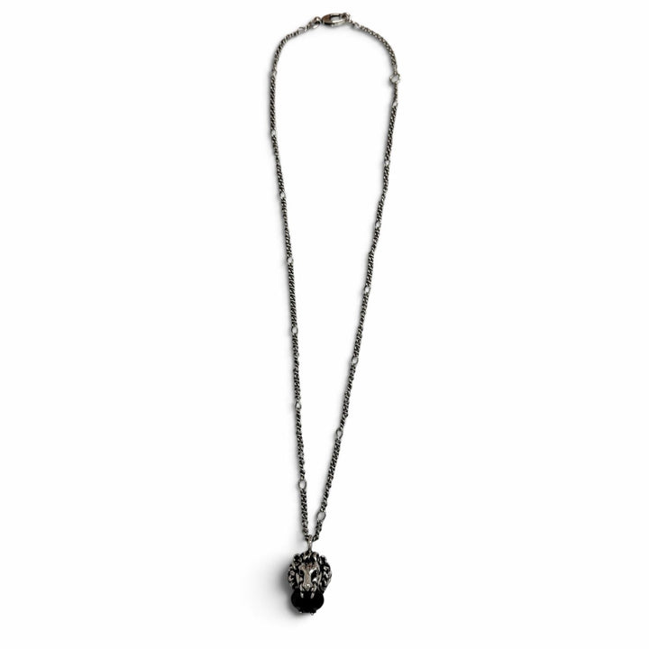 美品□GUCCI グッチ ライオンヘッド ブラッククリスタル エイジング加工 ペンダント ネックレス シルバー イタリア製 メンズ 保存袋付き