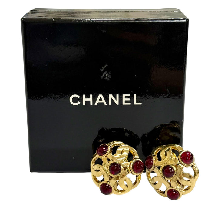 美品△CHANEL シャネル ヴィンテージ 25 グリポア ココマーク イヤリング アクセサリー 両耳用 ゴールド レッド 仏製 レディース 箱付き