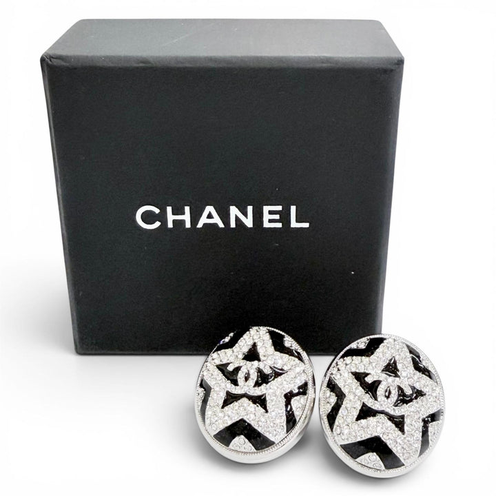 美品△CHANEL シャネル A23K ココマーク スター ラインストーン ピアス アクセサリー 両耳用 シルバー ブラック フランス製 箱付き
