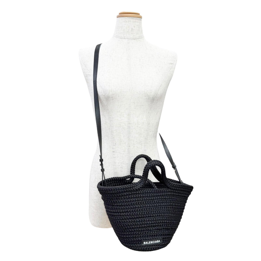 極美品△BALENCIAGA バレンシアガ 695612 Ibiza イビザ スモール ロゴ 2WAY バスケットバッグ ハンドバッグ ショルダーバッグ ブラック