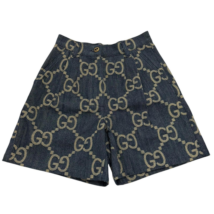 極美品★GUCCI グッチ 678807 コットン100% ロゴボタン レザー使い ジャンボGG 総柄 デニム ショートパンツ インディゴ 38 正規品