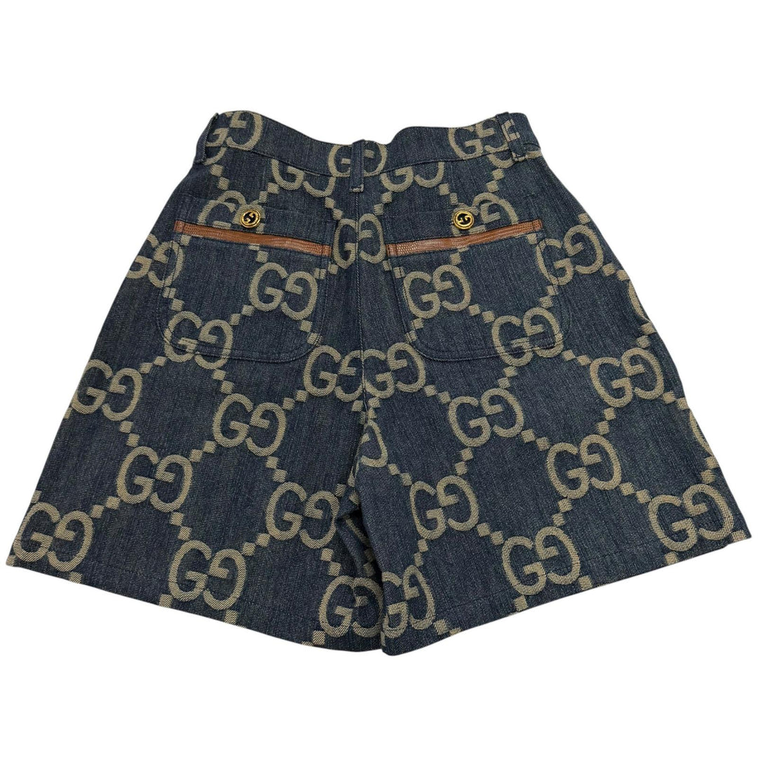 極美品★GUCCI グッチ 678807 コットン100% ロゴボタン レザー使い ジャンボGG 総柄 デニム ショートパンツ インディゴ 38 正規品