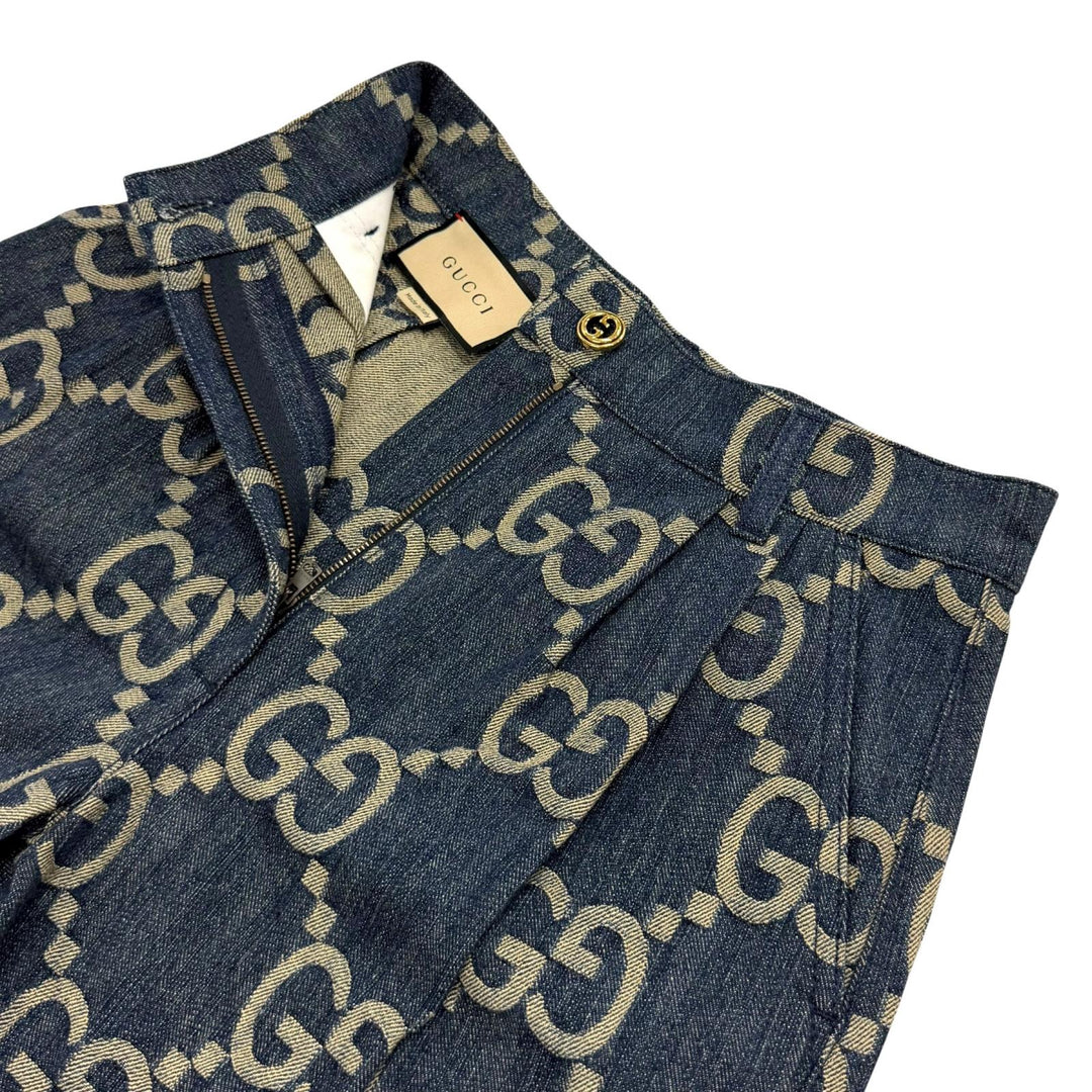 極美品★GUCCI グッチ 678807 コットン100% ロゴボタン レザー使い ジャンボGG 総柄 デニム ショートパンツ インディゴ 38 正規品