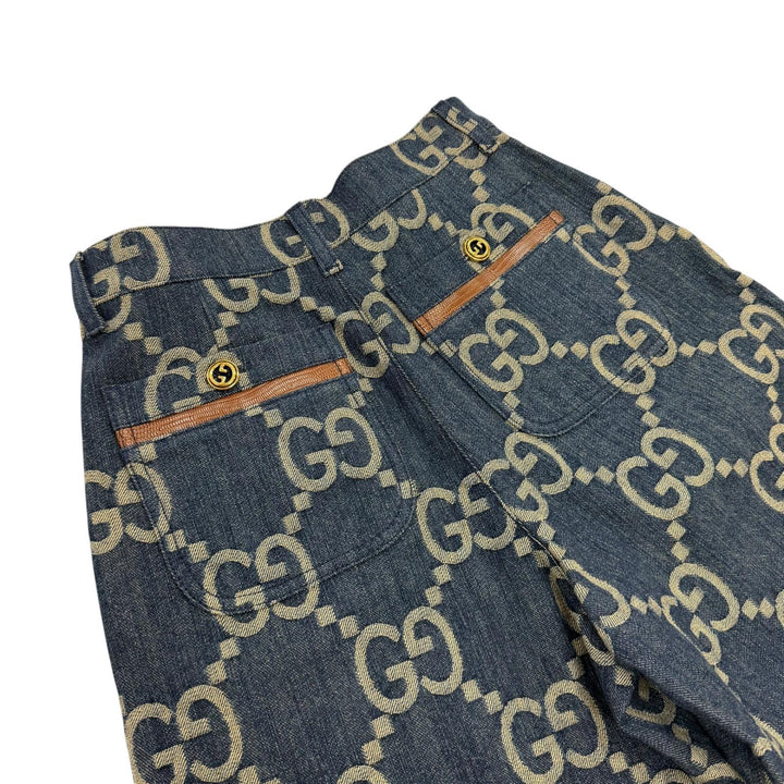 極美品★GUCCI グッチ 678807 コットン100% ロゴボタン レザー使い ジャンボGG 総柄 デニム ショートパンツ インディゴ 38 正規品