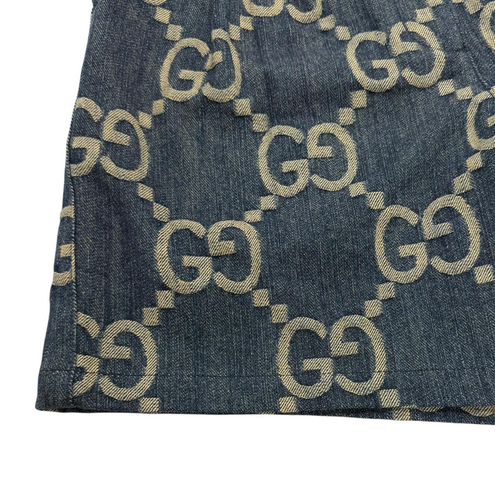 極美品★GUCCI グッチ 678807 コットン100% ロゴボタン レザー使い ジャンボGG 総柄 デニム ショートパンツ インディゴ 38 正規品