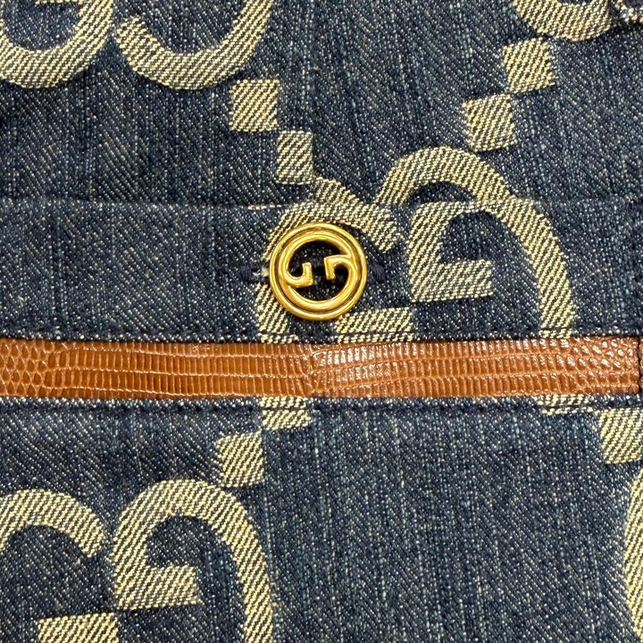 極美品★GUCCI グッチ 678807 コットン100% ロゴボタン レザー使い ジャンボGG 総柄 デニム ショートパンツ インディゴ 38 正規品
