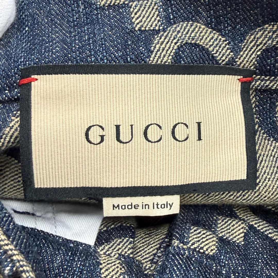 極美品★GUCCI グッチ 678807 コットン100% ロゴボタン レザー使い ジャンボGG 総柄 デニム ショートパンツ インディゴ 38 正規品
