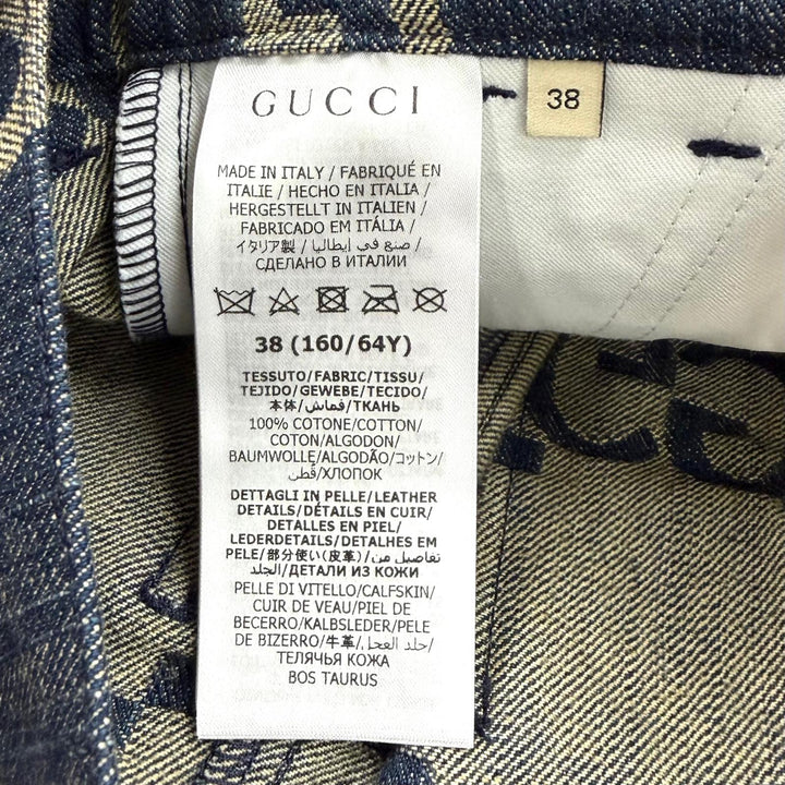 極美品★GUCCI グッチ 678807 コットン100% ロゴボタン レザー使い ジャンボGG 総柄 デニム ショートパンツ インディゴ 38 正規品
