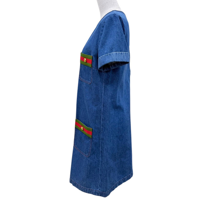 未使用品☆GUCCI グッチ 22SS 678827 コットン ウール ウェブストライプ デニム GGボタン 半袖 ワンピース インディゴブルー 40 正規品