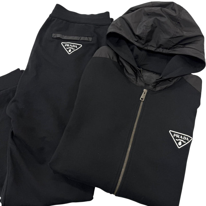 美品□PRADA プラダ 2024年製 UJL19A/UJP201 Re-Nylon トライアングルロゴ パーカー スウェットパンツ セットアップ 黒 XL/L 正規品