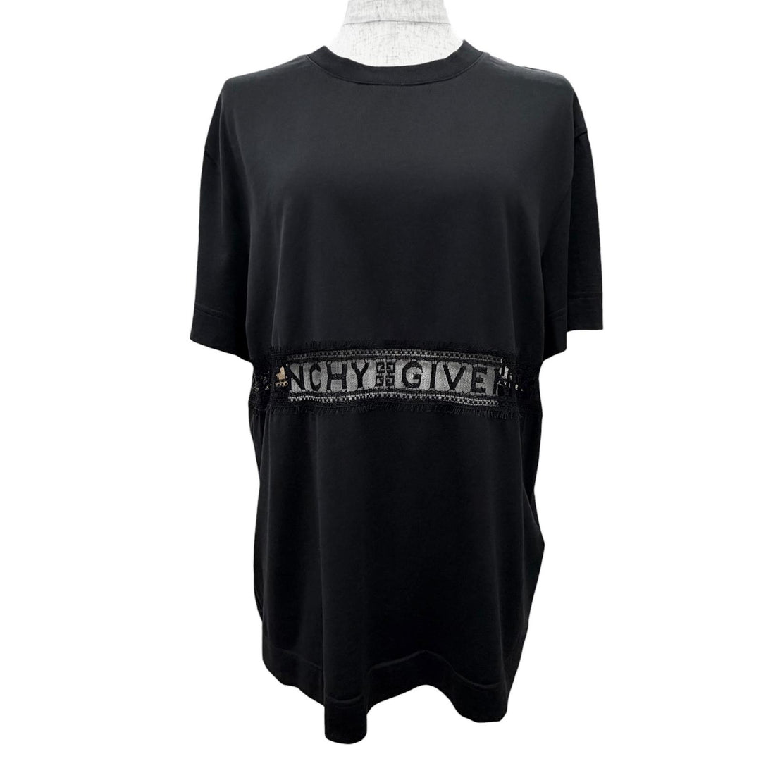 極美品△GIVENCHY ジバンシィ 22SS BW709T3Z7Z コットン ロゴレースディテール クルーネック 半袖Ｔシャツ ブラック M 正規品 レディース