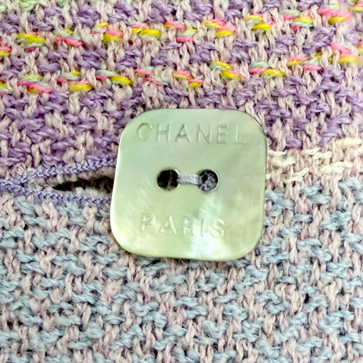 美品△CHANEL シャネル 00C P14945V08265 ウール スクエアロゴボタン 半袖 ツイード ワンピース パープル系 グリーン系 38 仏製 正規品