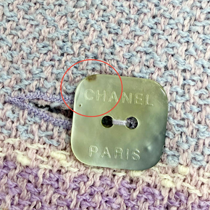 美品△CHANEL シャネル 00C P14945V08265 ウール スクエアロゴボタン 半袖 ツイード ワンピース パープル系 グリーン系 38 仏製 正規品