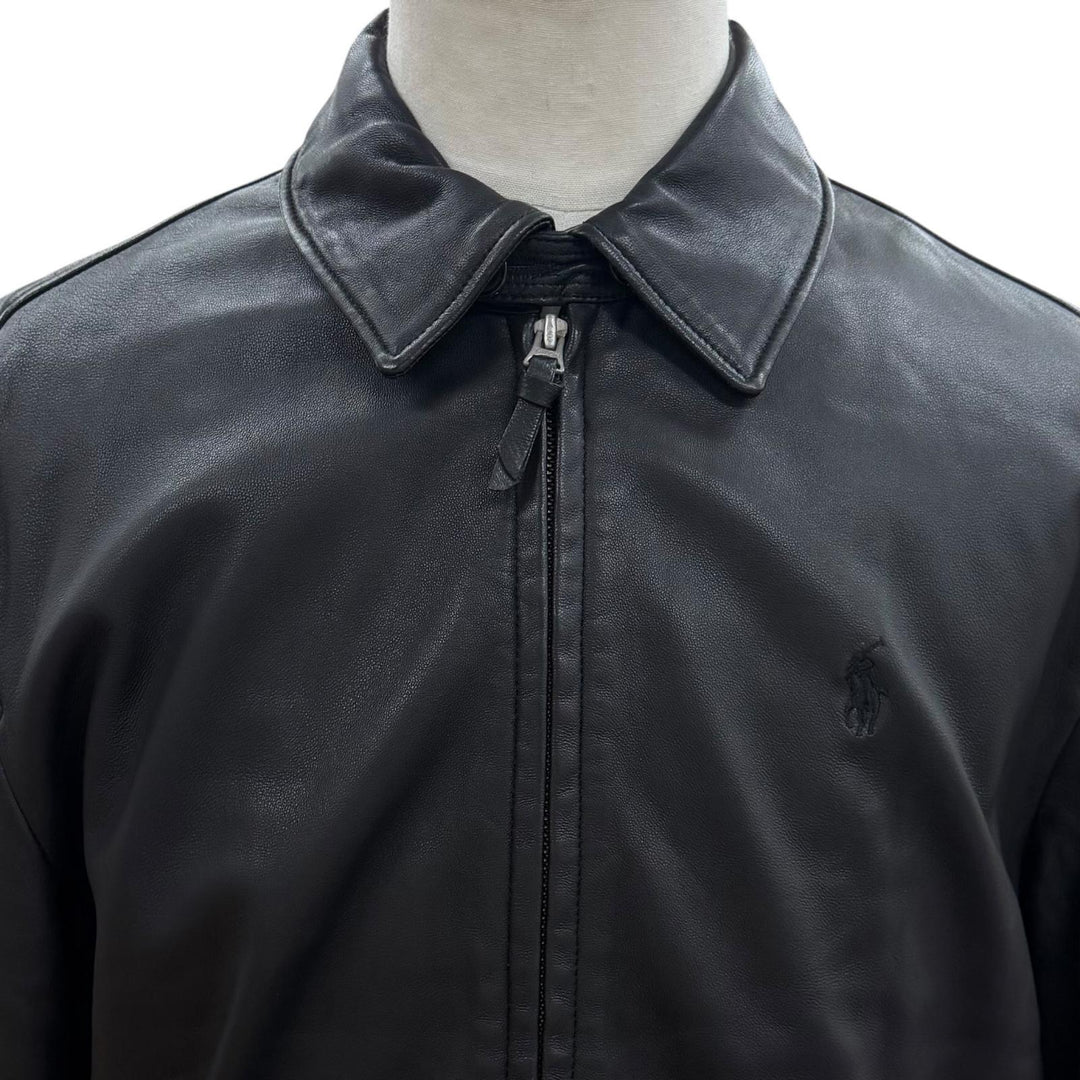 美品▼POLO RALPH LAUREN ポロラルフローレン 710671431001 ロゴ刺繍 ZIPUP スウィングトップ ラムレザージャケット ブラック S 正規品