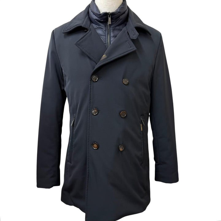 極美品□MOORER ムーレー VERONA ドッキングデザイン ダブルブレスト ダウンコート ジャケット ブルー 48 イタリア製 メンズ ハンガー付