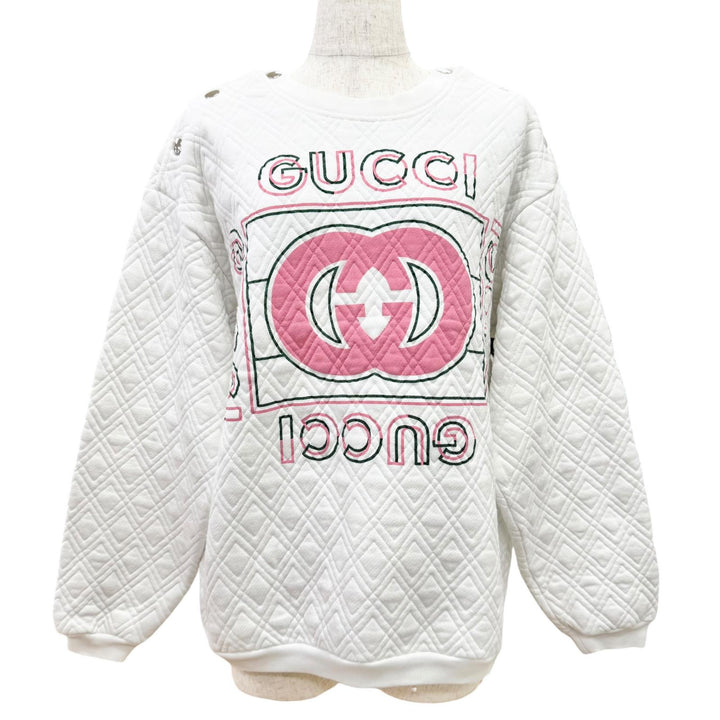 美品△GUCCI グッチ 23SS 717400 コットン100％ ロゴ キルティング スウェット トレーナー ホワイト ピンク S 伊製 正規品 レディース