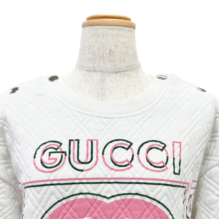 美品△GUCCI グッチ 23SS 717400 コットン100％ ロゴ キルティング スウェット トレーナー ホワイト ピンク S 伊製 正規品 レディース