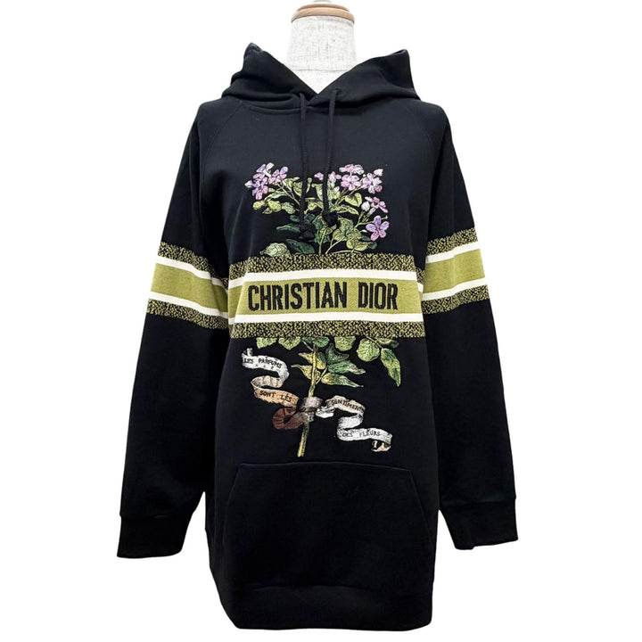 極美品△Christian Dior クリスチャンディオール 113S04A4013 コットン100% フラワー ロゴエンブロイダリー パーカー ブラック XS 正規品
