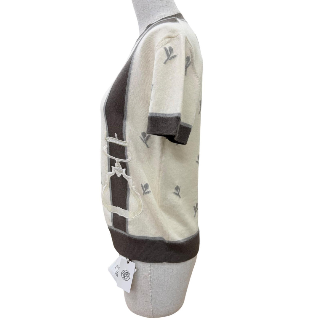未使用品☆HERMES エルメス 24SS 4E2624D5 Etriers ウール カシミヤ 半袖ニット ベージュ ブラウン 38 イタリア製 正規品 レディース