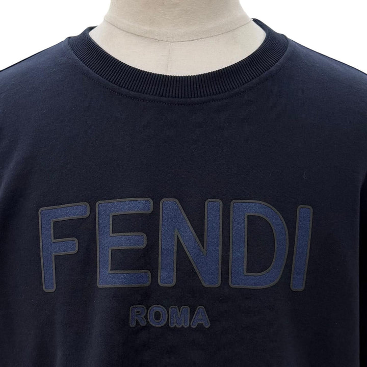 極美品▼FENDI フェンディ 2024年製 FY0178 ロゴプリント クルーネック プルオーバー スウェット ネイビー XL イタリア製 正規品 メンズ