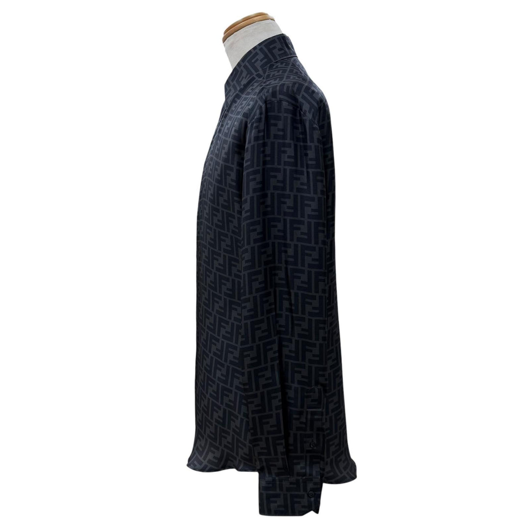 極美品▼FENDI フェンディ 2023年製 FS0585 シルク100% FFロゴ 比翼仕立て ロングスリーブ 長袖シャツ グレー ブラック 40 正規品 メンズ