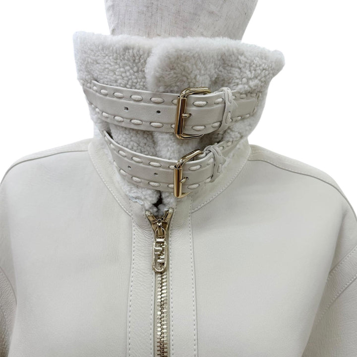 極美品☆FENDI フェンディ FM5290 羊革 FFロゴ金具 ラムスキン シアリングジャケット ムートンジャケット ベージュ 38 イタリア製 正規品