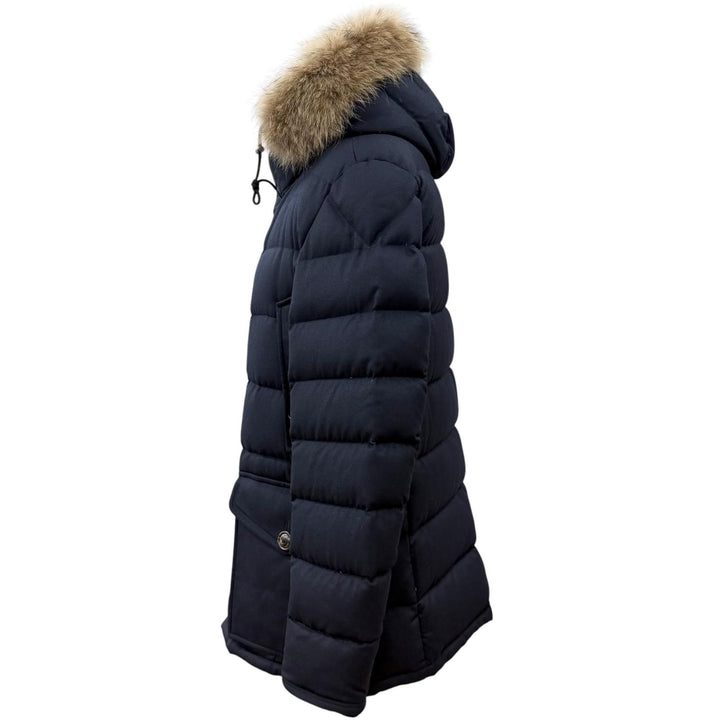 美品▼MONCLER モンクレール RETHEL ウール100% フーデッド・ファー付き ダブルジップアップ ダウンジャケット ネイビー 4 メンズ