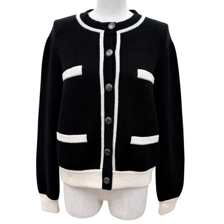 極美品☆CHANEL シャネル P71365K10274 カシミヤ シルク ココマークロゴボタン ラインストーン ニットカーディガン ブラック ホワイト 40