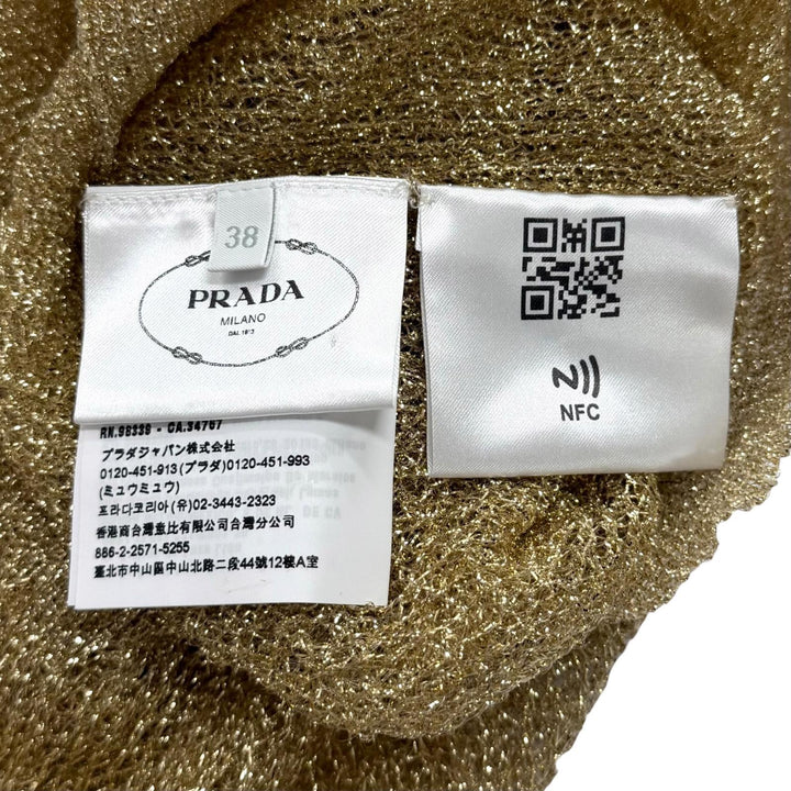 極美品★PRADA プラダ 2022年製 P24T1R S231 116F トライアングルロゴ メッシュ クルーネック 半袖ニット ゴールド 38 イタリア製 正規品