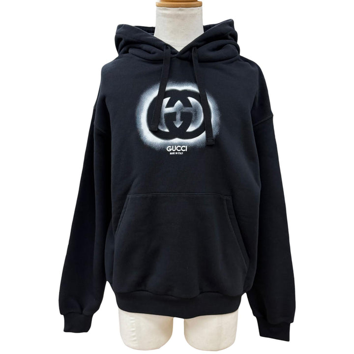 極美品▼GUCCI グッチ 24SS 770839 XJF65 コットン100% インターロッキングGプリント 裏起毛 プルオーバー パーカー ブラック XS 正規品