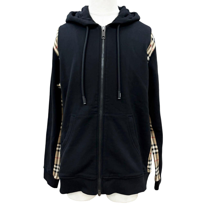 未使用品▼BURBERRY バーバリー 8034510 コットン100% ノバチェック柄 ダブルジップアップ パーカー ブラック ベージュ M 正規品 メンズ