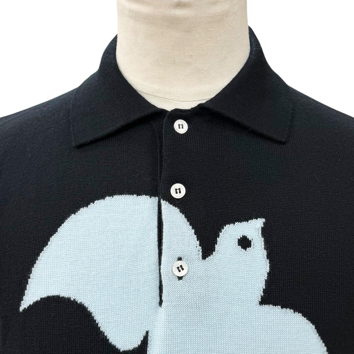 極美品▼LOUIS VUITTON ルイヴィトン 23SS ウール バードジャガード ニットポロシャツ セーター ブラック ライトブルー S 正規品 メンズ
