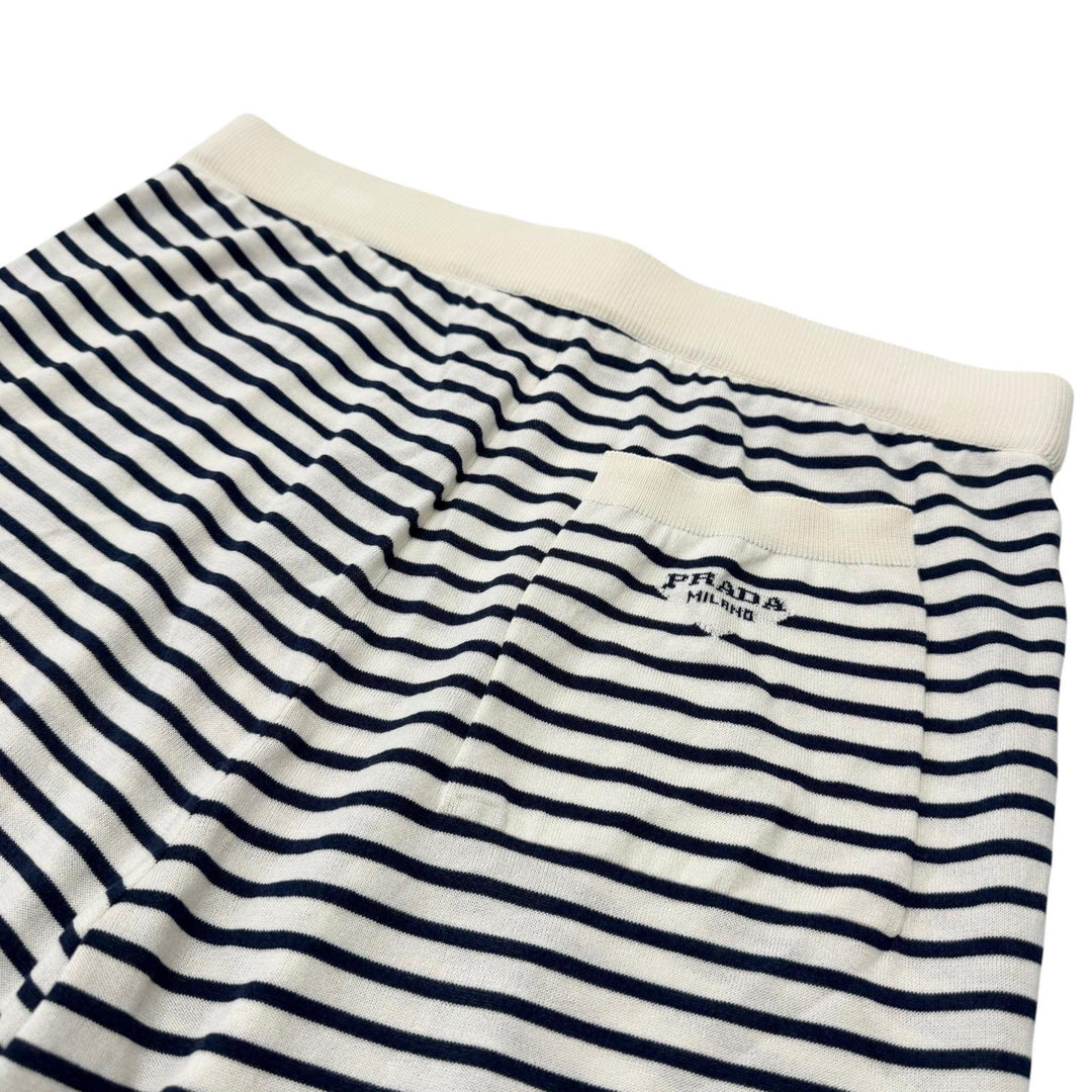 極美品□PRADA プラダ 2022年製 UMP120 S221 102P シルク コットン ボーダー柄 ショートパンツ アイボリー 紺 46 イタリア製 正規品