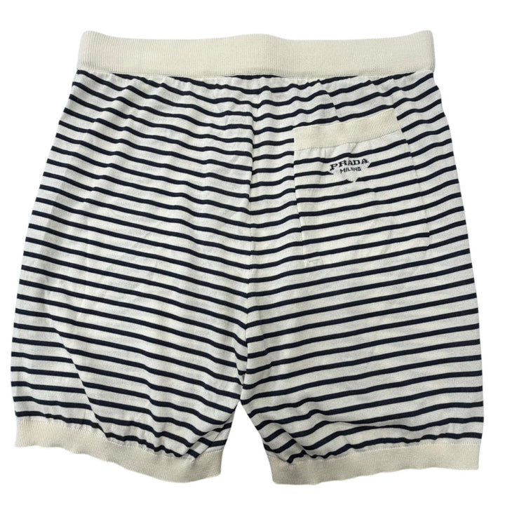 極美品□PRADA プラダ 2022年製 UMP120 S221 102P シルク コットン ボーダー柄 ショートパンツ アイボリー 紺 46 イタリア製 正規品