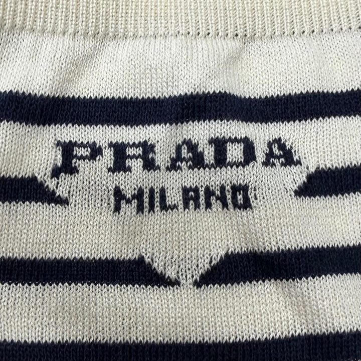 極美品□PRADA プラダ 2022年製 UMP120 S221 102P シルク コットン ボーダー柄 ショートパンツ アイボリー 紺 46 イタリア製 正規品