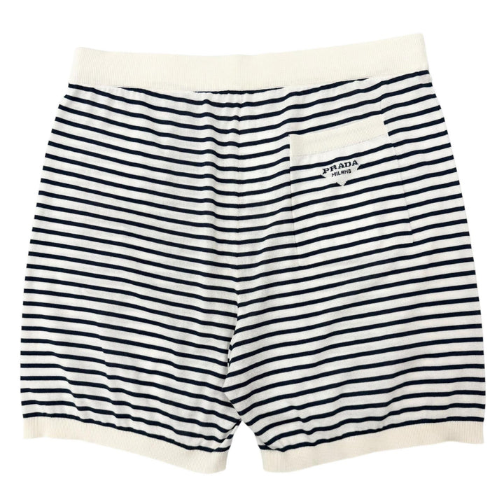 極美品▼PRADA プラダ 2022年製 UMP120 S221 102P シルク コットン ボーダー柄 ショートパンツ ネイビー ベージュ 50 伊製 正規品 メンズ