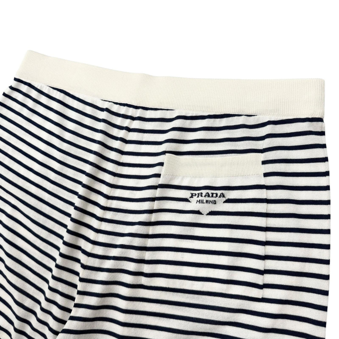 極美品▼PRADA プラダ 2022年製 UMP120 S221 102P シルク コットン ボーダー柄 ショートパンツ ネイビー ベージュ 50 伊製 正規品 メンズ