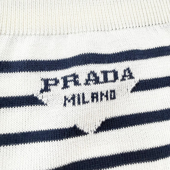 極美品▼PRADA プラダ 2022年製 UMP120 S221 102P シルク コットン ボーダー柄 ショートパンツ ネイビー ベージュ 50 伊製 正規品 メンズ